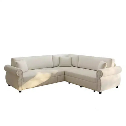 Canapé convertible d'angle 5 places Homy Casa 88 avec lit gigogne, revêtement chenille, beige