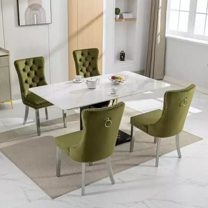 Set di 2 sedie da pranzo contemporanee imbottite in velluto grigio trapuntato in legno massello con gambe placcate in acciaio inossidabile cromato e finiture con borchie