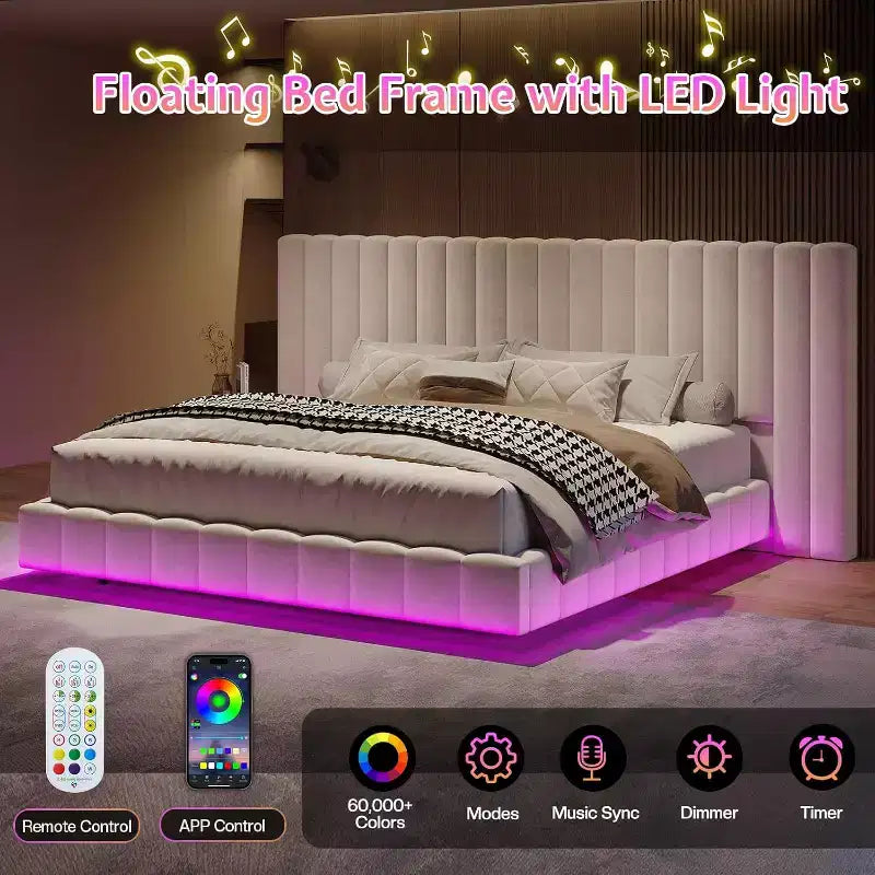 AMERLIFE Letto Imbottito con Luci LED, Design Flottante, Supporto a Doghe Solide