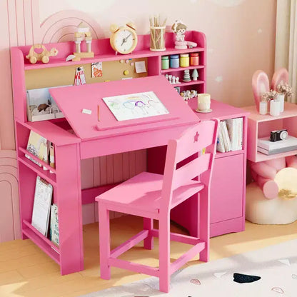 Set scrivania e sedia per bambini, con libreria superiore e piano inclinabile, tavolo da studio per bambini, scrivania per studenti, per camera da letto, casa