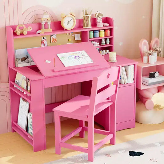 Set scrivania e sedia per bambini, con libreria superiore e piano inclinabile, tavolo da studio per bambini, scrivania per studenti, per camera da letto, casa
