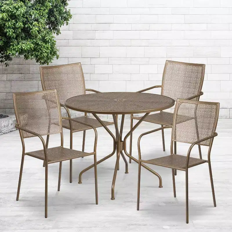 Flash Furniture Oia Ensemble de table de patio en acier ronde de 35,25 po de qualité commerciale pour l'intérieur et l'extérieur avec 4 chaises à dossier carré