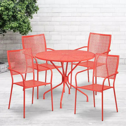Flash Furniture Oia Ensemble de table de patio en acier ronde de 35,25 po de qualité commerciale pour l'intérieur et l'extérieur avec 4 chaises à dossier carré