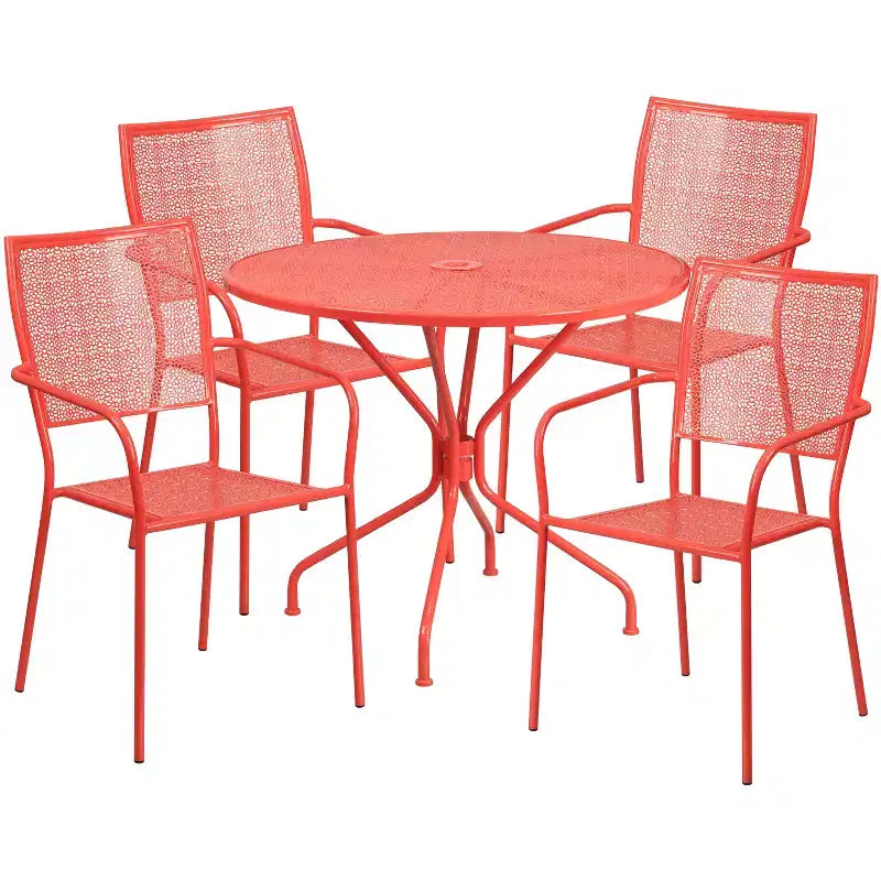 Flash Furniture Oia Ensemble de table de patio en acier ronde de 35,25 po de qualité commerciale pour l'intérieur et l'extérieur avec 4 chaises à dossier carré