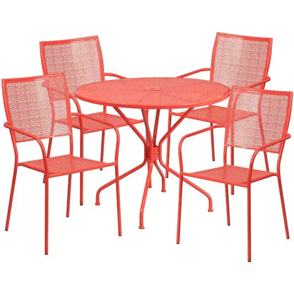 Flash Furniture Oia Ensemble de table de patio en acier ronde de 35,25 po de qualité commerciale pour l'intérieur et l'extérieur avec 4 chaises à dossier carré