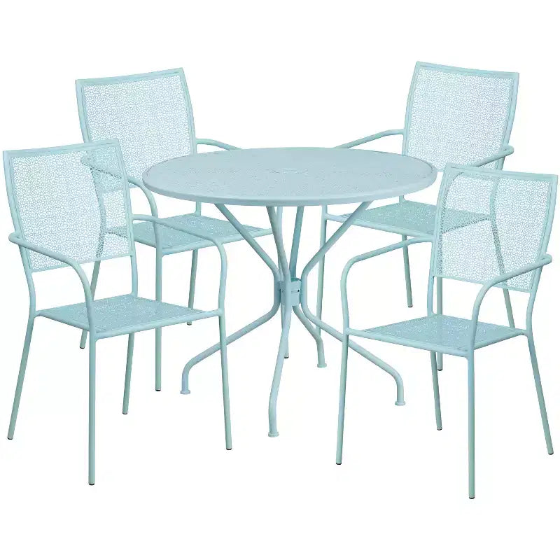Flash Furniture Oia Ensemble de table de patio en acier ronde de 35,25 po de qualité commerciale pour l'intérieur et l'extérieur avec 4 chaises à dossier carré