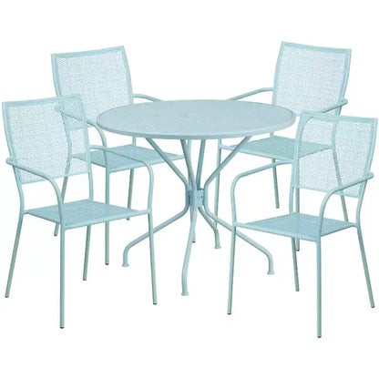 Flash Furniture Oia Ensemble de table de patio en acier ronde de 35,25 po de qualité commerciale pour l'intérieur et l'extérieur avec 4 chaises à dossier carré