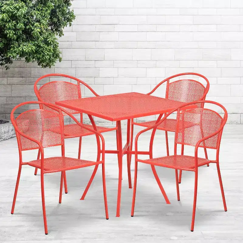 Flash Furniture Oia Ensemble de table de patio carrée en acier de qualité commerciale de 71 cm pour intérieur et extérieur avec 4 chaises à dossier rond