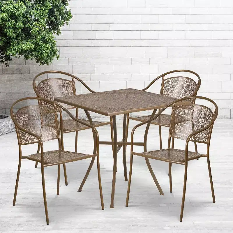 Flash Furniture Oia Ensemble de table de patio carrée en acier de qualité commerciale de 71 cm pour intérieur et extérieur avec 4 chaises à dossier rond