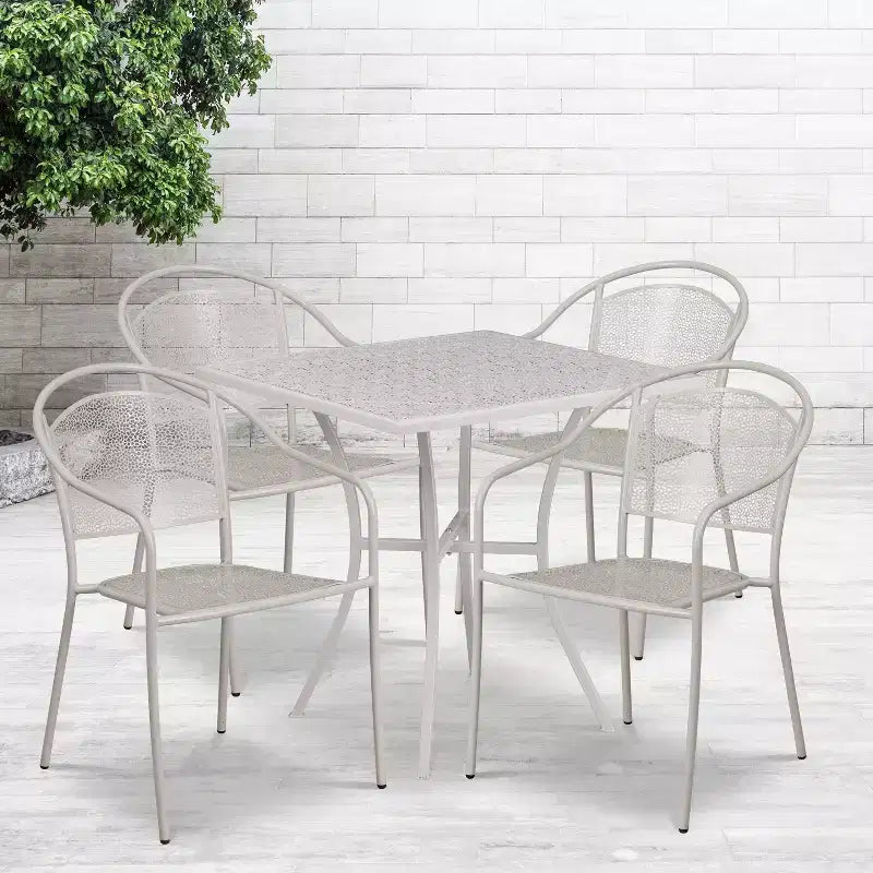 Flash Furniture Oia Ensemble de table de patio carrée en acier de qualité commerciale de 71 cm pour intérieur et extérieur avec 4 chaises à dossier rond