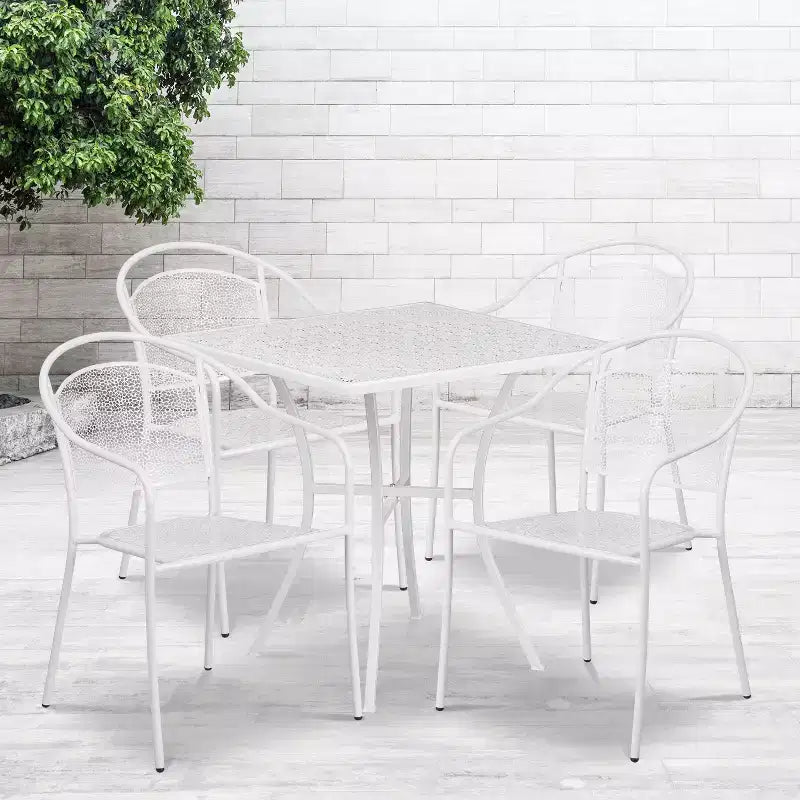 Flash Furniture Oia Ensemble de table de patio carrée en acier de qualité commerciale de 71 cm pour intérieur et extérieur avec 4 chaises à dossier rond