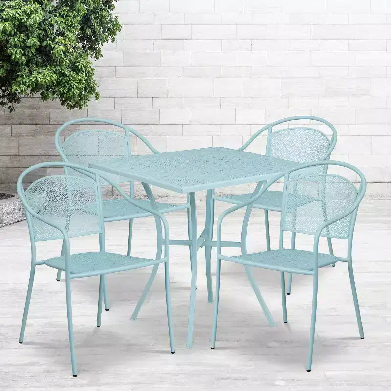 Flash Furniture Oia Ensemble de table de patio carrée en acier de qualité commerciale de 71 cm pour intérieur et extérieur avec 4 chaises à dossier rond
