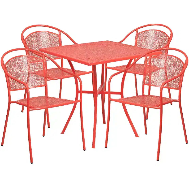Flash Furniture Oia Ensemble de table de patio carrée en acier de qualité commerciale de 71 cm pour intérieur et extérieur avec 4 chaises à dossier rond