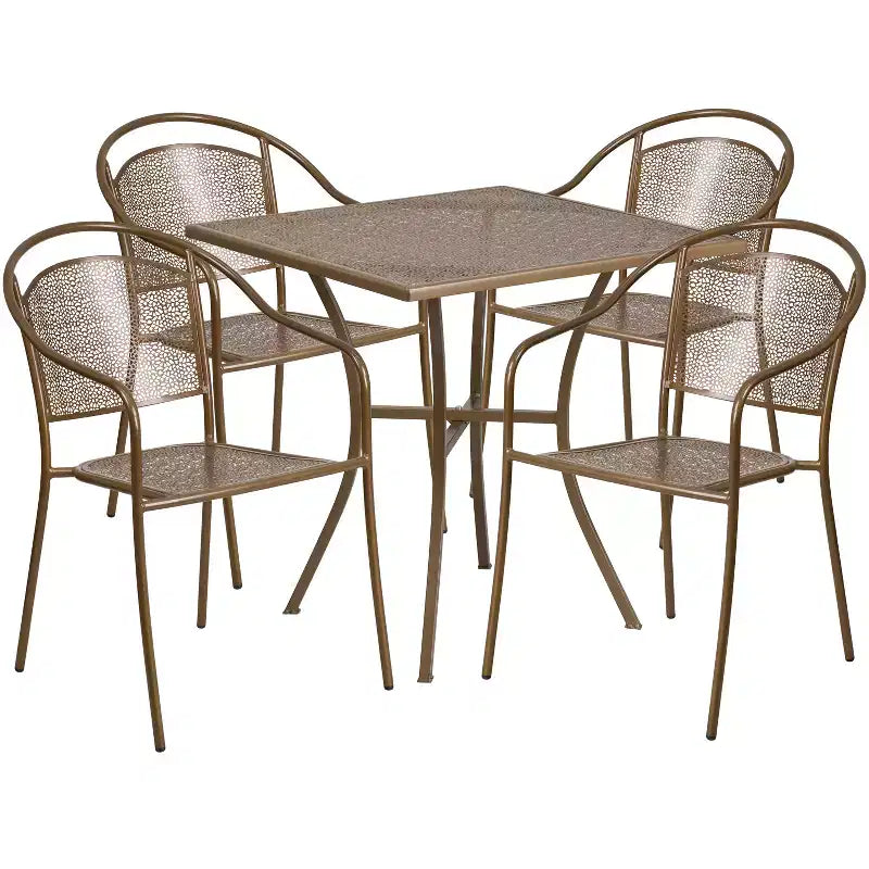 Flash Furniture Oia Ensemble de table de patio carrée en acier de qualité commerciale de 71 cm pour intérieur et extérieur avec 4 chaises à dossier rond
