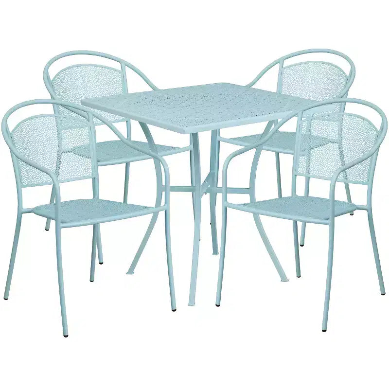 Flash Furniture Oia Ensemble de table de patio carrée en acier de qualité commerciale de 71 cm pour intérieur et extérieur avec 4 chaises à dossier rond