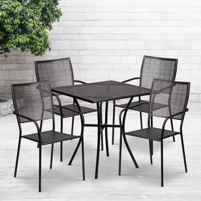Flash Furniture Oia Ensemble de table de patio d'intérieur-extérieur carré en acier de qualité commerciale de 28 pouces avec 4 chaises à dossier carré