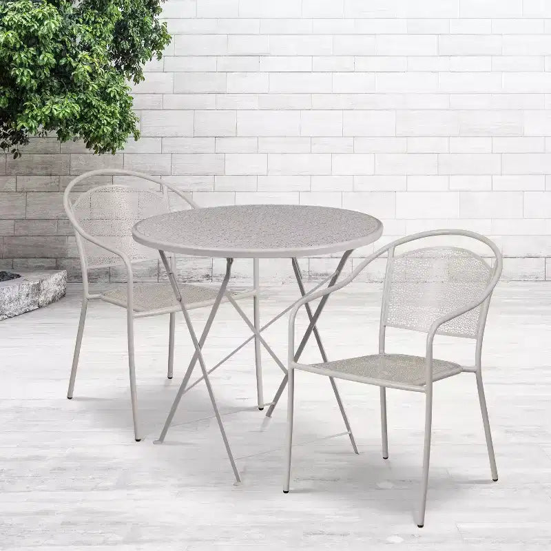 Ensemble de table de patio pliable ronde en acier Oia de qualité commerciale Flash Furniture de 76,2 cm pour l'intérieur et l'extérieur avec 2 chaises à dossier rond