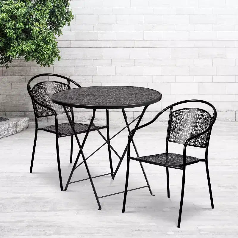 Ensemble de table de patio pliable ronde en acier Oia de qualité commerciale Flash Furniture de 76,2 cm pour l'intérieur et l'extérieur avec 2 chaises à dossier rond
