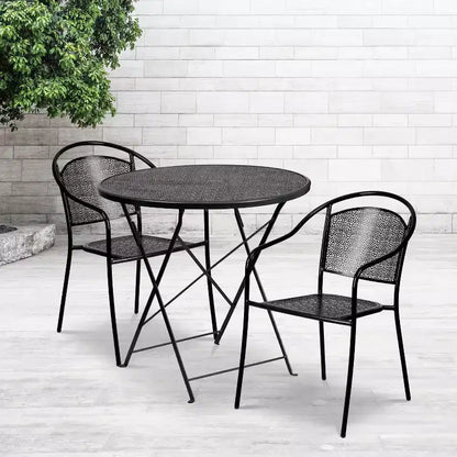 Ensemble de table de patio pliable ronde en acier Oia de qualité commerciale Flash Furniture de 76,2 cm pour l'intérieur et l'extérieur avec 2 chaises à dossier rond