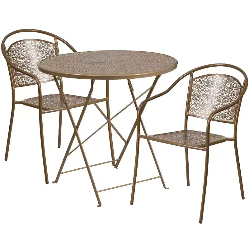 Ensemble de table de patio pliable ronde en acier Oia de qualité commerciale Flash Furniture de 76,2 cm pour l'intérieur et l'extérieur avec 2 chaises à dossier rond