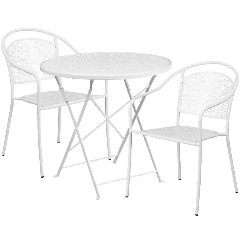 Ensemble de table de patio pliable ronde en acier Oia de qualité commerciale Flash Furniture de 76,2 cm pour l'intérieur et l'extérieur avec 2 chaises à dossier rond