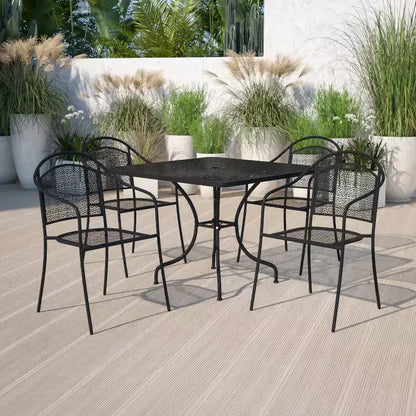 Flash Furniture Oia Ensemble de table de patio carrée en acier de 35,5 po de qualité commerciale pour l'intérieur et l'extérieur avec 4 chaises à dossier rond