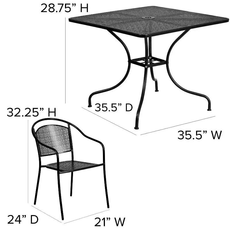 Flash Furniture Oia Ensemble de table de patio carrée en acier de 35,5 po de qualité commerciale pour l'intérieur et l'extérieur avec 4 chaises à dossier rond