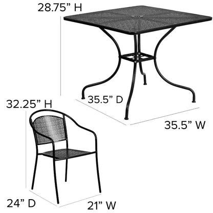 Flash Furniture Oia Ensemble de table de patio carrée en acier de 35,5 po de qualité commerciale pour l'intérieur et l'extérieur avec 4 chaises à dossier rond