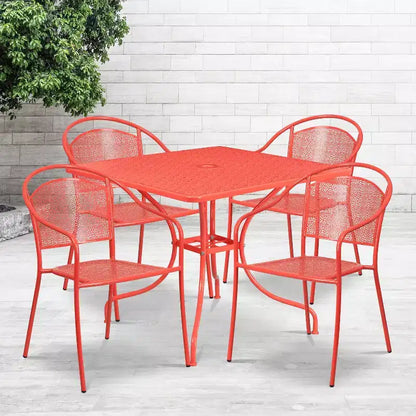 Flash Furniture Oia Ensemble de table de patio carrée en acier de 35,5 po de qualité commerciale pour l'intérieur et l'extérieur avec 4 chaises à dossier rond