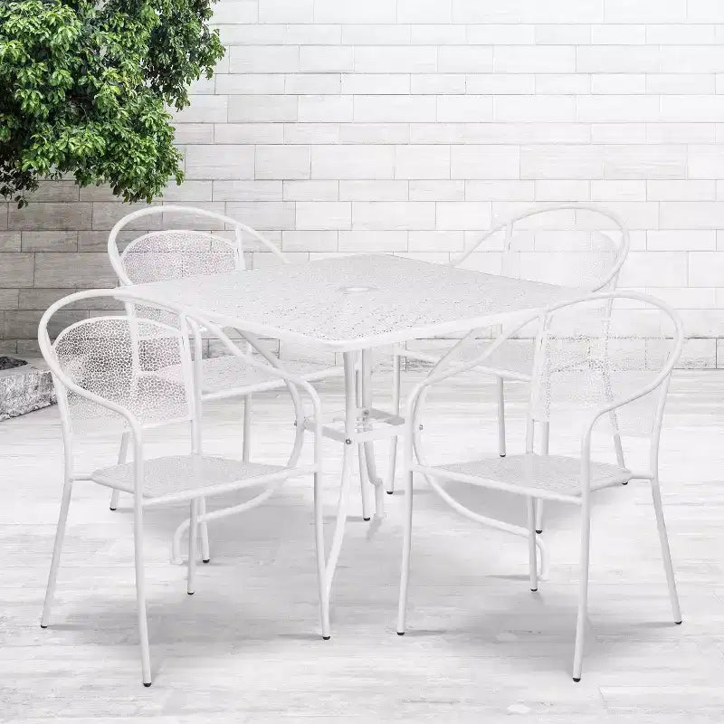 Flash Furniture Oia Ensemble de table de patio carrée en acier de 35,5 po de qualité commerciale pour l'intérieur et l'extérieur avec 4 chaises à dossier rond