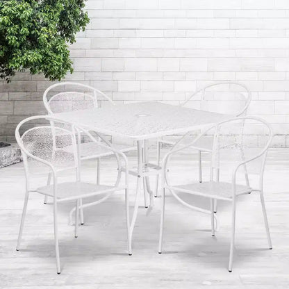 Flash Furniture Oia Ensemble de table de patio carrée en acier de 35,5 po de qualité commerciale pour l'intérieur et l'extérieur avec 4 chaises à dossier rond