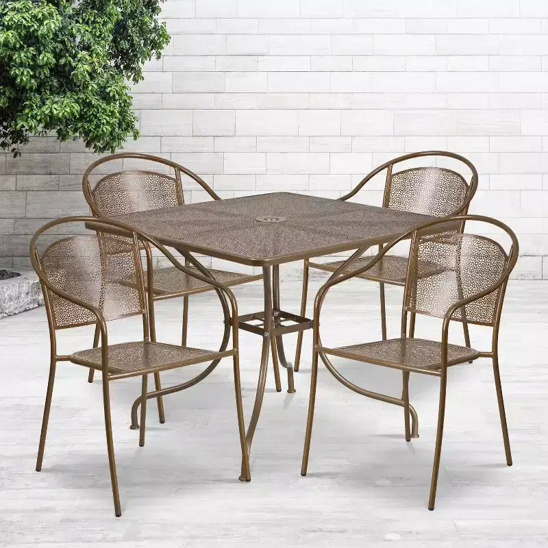 Flash Furniture Oia Ensemble de table de patio carrée en acier de 35,5 po de qualité commerciale pour l'intérieur et l'extérieur avec 4 chaises à dossier rond