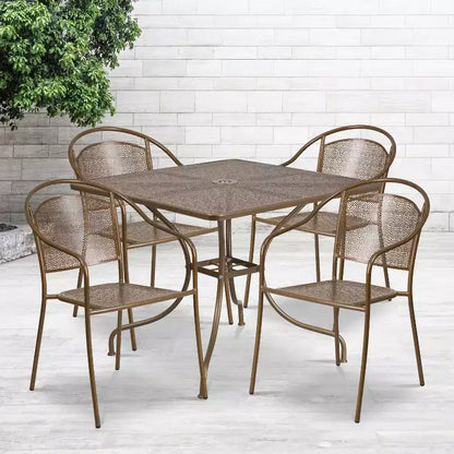 Flash Furniture Oia Ensemble de table de patio carrée en acier de 35,5 po de qualité commerciale pour l'intérieur et l'extérieur avec 4 chaises à dossier rond