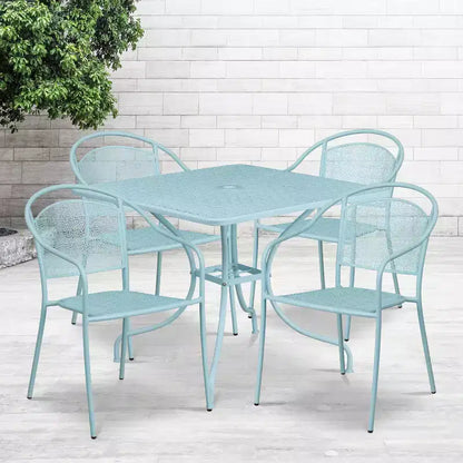 Flash Furniture Oia Ensemble de table de patio carrée en acier de 35,5 po de qualité commerciale pour l'intérieur et l'extérieur avec 4 chaises à dossier rond