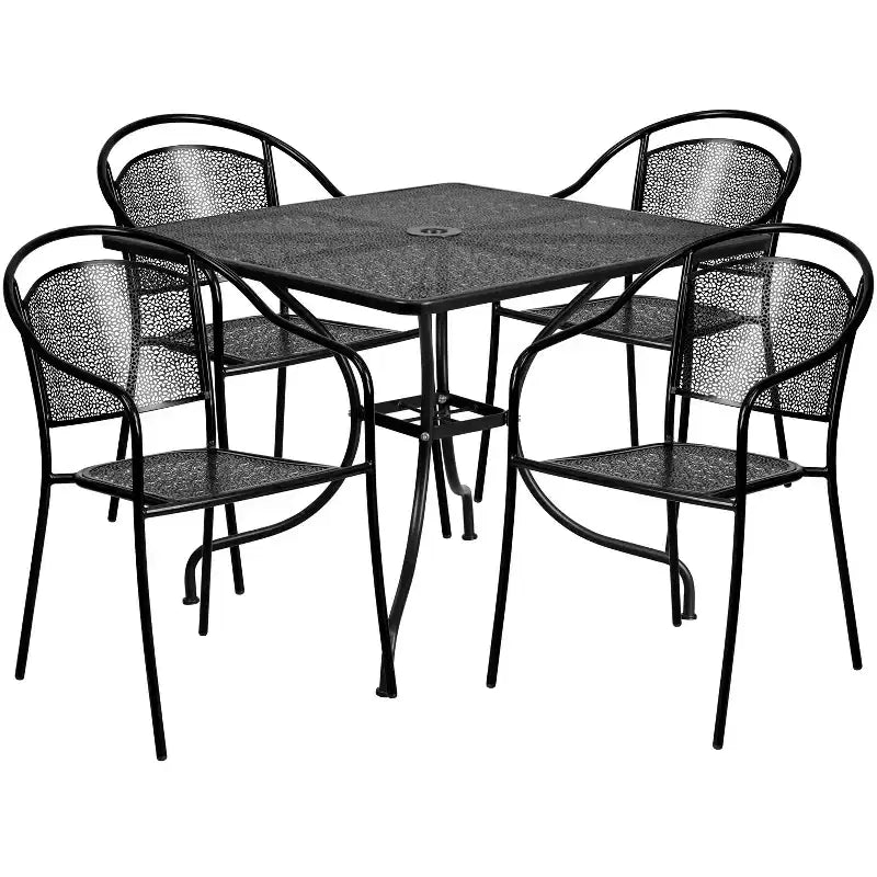 Flash Furniture Oia Ensemble de table de patio carrée en acier de 35,5 po de qualité commerciale pour l'intérieur et l'extérieur avec 4 chaises à dossier rond