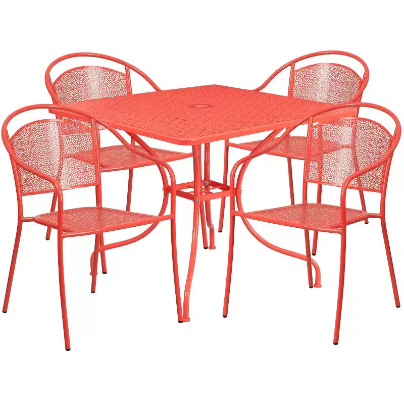 Flash Furniture Oia Ensemble de table de patio carrée en acier de 35,5 po de qualité commerciale pour l'intérieur et l'extérieur avec 4 chaises à dossier rond