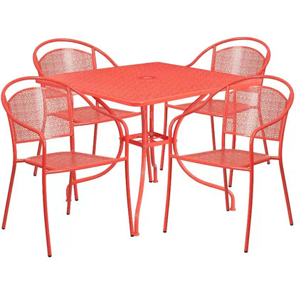 Flash Furniture Oia Ensemble de table de patio carrée en acier de 35,5 po de qualité commerciale pour l'intérieur et l'extérieur avec 4 chaises à dossier rond