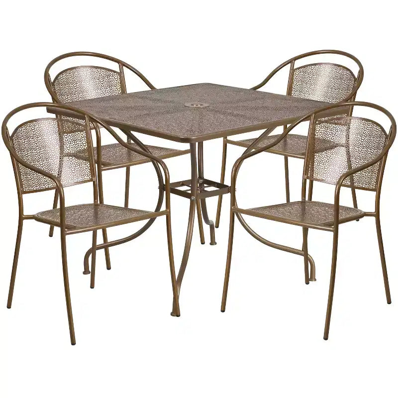 Flash Furniture Oia Ensemble de table de patio carrée en acier de 35,5 po de qualité commerciale pour l'intérieur et l'extérieur avec 4 chaises à dossier rond