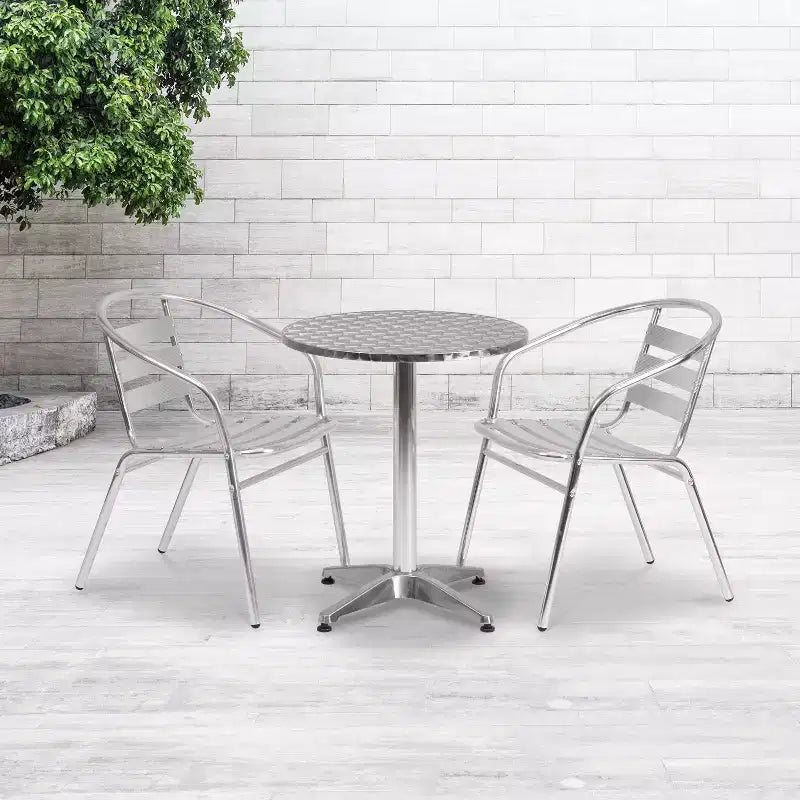 Flash Furniture Lila Ensemble table ronde 60 cm en aluminium intérieur-extérieur avec 2 chaises à dossier à lattes