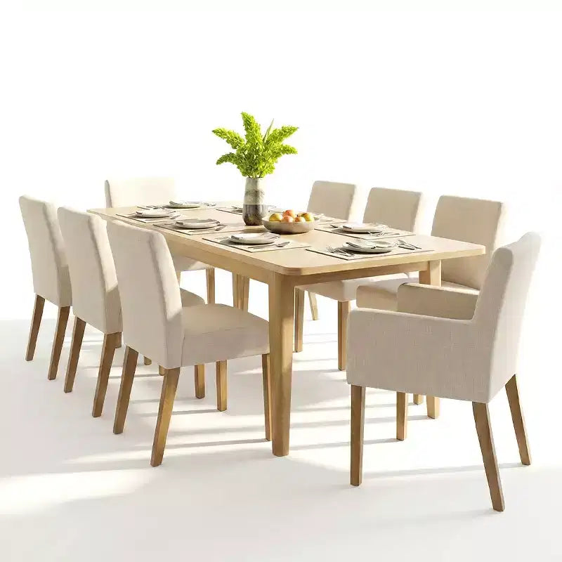 Set da pranzo da 9 pezzi con prolunga, include 6 sedie senza braccioli e 2 poltrone in lino neutro, gambe in legno massello, stile moderno-Panipeachy