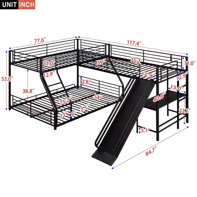 Letto a castello in metallo a una piazza e mezzo, letto a castello a L per 3 bambini, letto a castello triplo resistente con scrivania e scivolo, nero