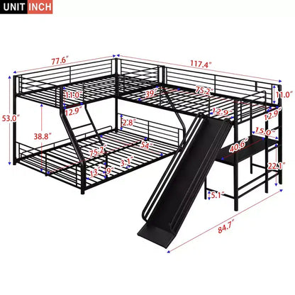 Letto a castello in metallo a una piazza e mezzo, letto a castello a L per 3 bambini, letto a castello triplo resistente con scrivania e scivolo, nero