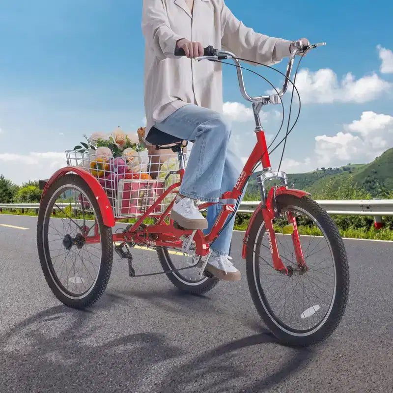 Tricycle pliant adulte VEVOR, Tricycle pliant adulte de 24 pouces, Vélo cruiser à 3 roues en acier au carbone avec grand panier et selle réglable