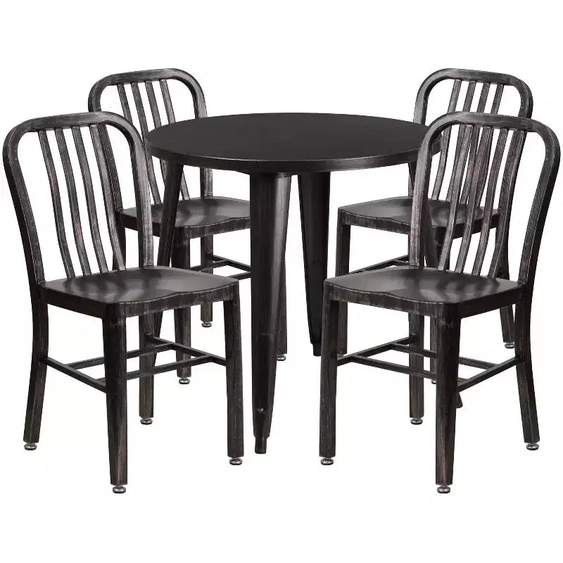 Set Tavolo Tondo in Metallo Emma and Oliver di Grado Commerciale da 30 per Interni ed Esterni e 4 Sedie con Schienale a Doghe