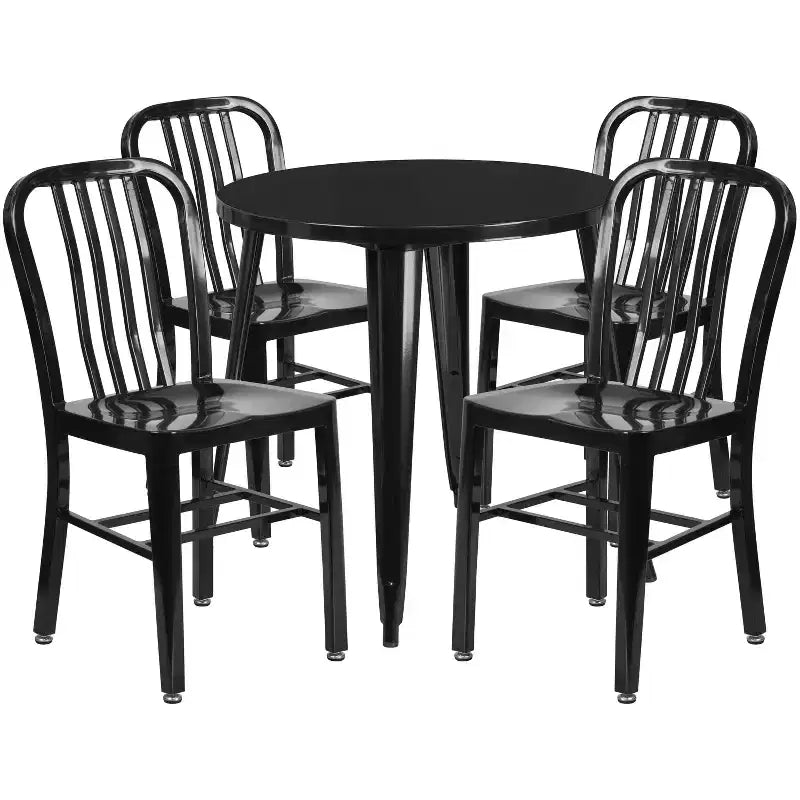 Set Tavolo Tondo in Metallo Emma and Oliver di Grado Commerciale da 30 per Interni ed Esterni e 4 Sedie con Schienale a Doghe