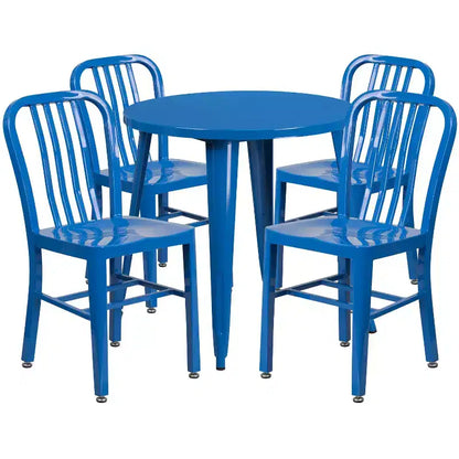 Set Tavolo Tondo in Metallo Emma and Oliver di Grado Commerciale da 30 per Interni ed Esterni e 4 Sedie con Schienale a Doghe