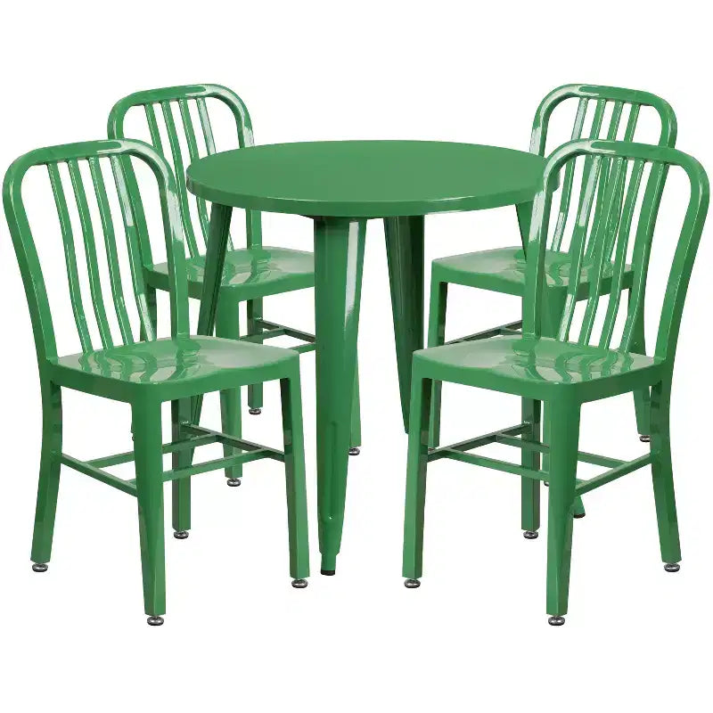 Set Tavolo Tondo in Metallo Emma and Oliver di Grado Commerciale da 30 per Interni ed Esterni e 4 Sedie con Schienale a Doghe