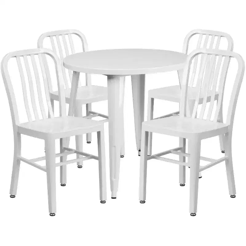 Set Tavolo Tondo in Metallo Emma and Oliver di Grado Commerciale da 30 per Interni ed Esterni e 4 Sedie con Schienale a Doghe