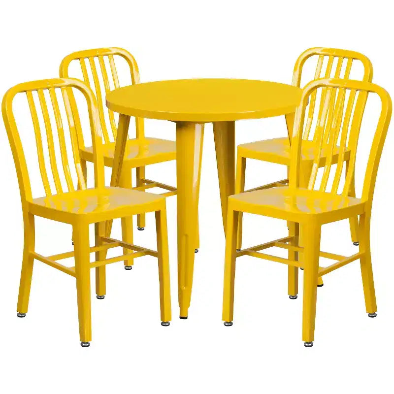 Emma and Oliver Commercial Grade 30 Round Metal Indoor-Outdoor Table Set & 4 Slat Back Chairs