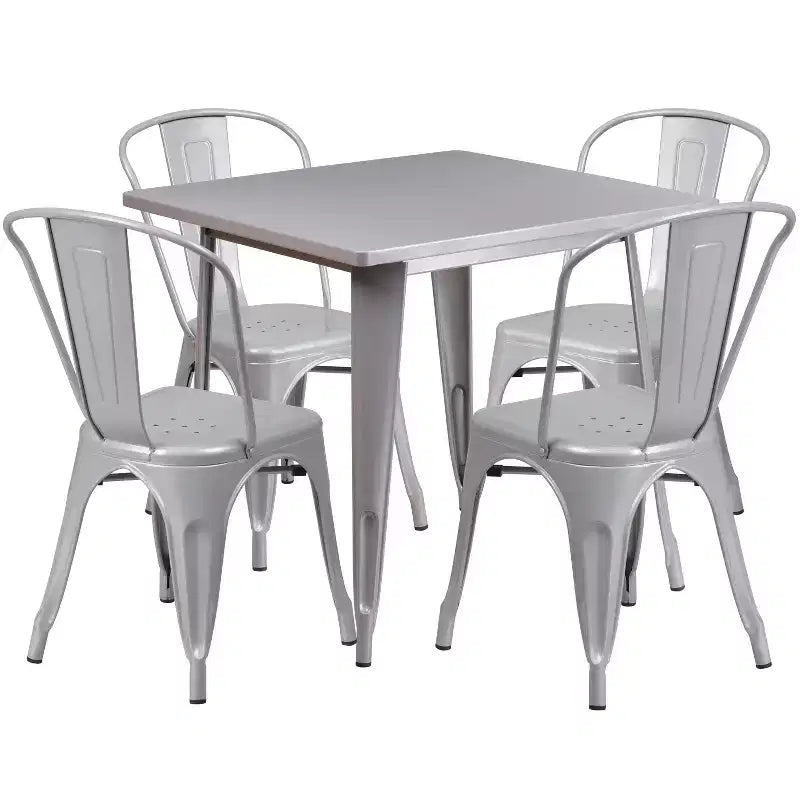 Emma and Oliver Commercial Grade 31.5 Square Metal Indoor-Outdoor Table Set with 4 Stack Chairs